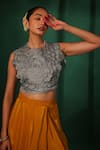 Shop_Kesar Studio_Yellow Silk Applique Cape Open Aaftaab Floral Draped Skirt Set