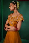 Shop_Kesar Studio_Yellow Silk Embroidered Thread V-neck Anahira Overlap Panel Lehenga With Blouse _Online_at_Aza_Fashions