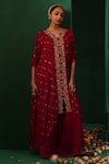 Buy_Kesar Studio_Red Georgette Embellished Sequin V-neck High-low Kaftan With Flared Pant _at_Aza_Fashions