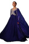 Buy_Kesar Studio_Blue Silk Handwork Floral V Neck Mayur Embroidered Yoke Anarkali With Dupatta _Online_at_Aza_Fashions