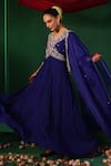 Shop_Kesar Studio_Blue Silk Handwork Floral V Neck Mayur Embroidered Yoke Anarkali With Dupatta _Online_at_Aza_Fashions