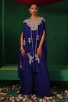 Buy_Kesar Studio_Blue Silk Handwork Floral Kurta Round Neck Noor Embroidered Set_at_Aza_Fashions