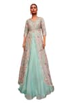 Buy_Osaa by Adarsh_Blue Organza Embroidery Floral Jacket Open Neck Long Skirt Set_Online_at_Aza_Fashions