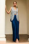 Buy_Osaa by Adarsh_Blue Organza Embroidery Floral Jacket Open Zardozi Short Draped Skirt Set_at_Aza_Fashions