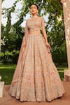 Buy_Osaa by Adarsh_Peach Tissue Silk Embroidery Floral Scoop Neck Butta Bridal Lehenga Set 