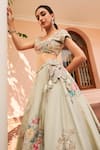 Buy_Osaa by Adarsh_Green Tissue Silk Embroidery Floral V Neck Flower Vine Bridal Lehenga Set _Online_at_Aza_Fashions