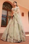 Buy_Osaa by Adarsh_Green Tissue Silk Embroidery Floral V Neck Flower Vine Bridal Lehenga Set 