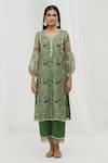 Yuvrani Jaipur_Green Chanderi Floral V Neck Straight Pattern Kurta Set _Online_at_Aza_Fashions