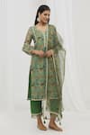 Buy_Yuvrani Jaipur_Green Chanderi Floral V Neck Straight Pattern Kurta Set _Online_at_Aza_Fashions