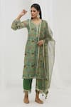 Shop_Yuvrani Jaipur_Green Chanderi Floral V Neck Straight Pattern Kurta Set _Online_at_Aza_Fashions