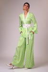 Buy_Madder Much_Green Top And Pant Modal Satin Printed Geometric Shawl Collar Krypt Set _at_Aza_Fashions