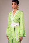 Shop_Madder Much_Green Top And Pant Modal Satin Printed Geometric Shawl Collar Krypt Set _Online_at_Aza_Fashions