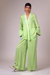 Madder Much_Green Top And Pant Modal Satin Printed Geometric Shawl Collar Krypt Set _at_Aza_Fashions