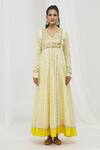 Yuvraani Jaipur_Yellow Silk, Satin, Organza Mirrors, Gota Chevron Print Anarkali With Dupatta _at_Aza_Fashions