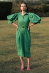 Buy_ZEN'S COUTURE_Green Poplin Dot Stand Collar Isla Pattern Dress_at_Aza_Fashions