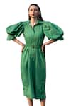 ZEN'S COUTURE_Green Poplin Dot Stand Collar Isla Pattern Dress_Online_at_Aza_Fashions