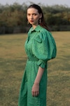 Buy_ZEN'S COUTURE_Green Poplin Dot Stand Collar Isla Pattern Dress_Online_at_Aza_Fashions