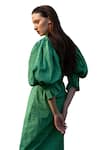 ZEN'S COUTURE_Green Poplin Dot Stand Collar Isla Pattern Dress_at_Aza_Fashions