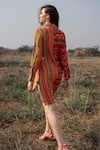 Shop_ZEN'S COUTURE_Multi Color Textured Crepe Printed Heart Stand Collar Julie Stripe Shirt Dress_at_Aza_Fashions