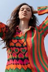Shop_ZEN'S COUTURE_Multi Color Textured Crepe Printed Heart Stand Collar Julie Stripe Shirt Dress_Online_at_Aza_Fashions