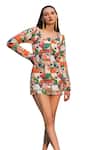 ZEN'S COUTURE_Multi Color Poplin Printed Floral Square Victoria Jacket Dress_Online_at_Aza_Fashions