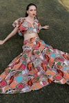 Buy_ZEN'S COUTURE_Multi Color Textured Crepe Printed Mosaic Pandora Ruffle Op With Skirt