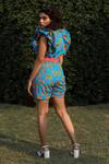 Shop_ZEN'S COUTURE_Sky Blue Textured Crepe Printed Heart Shawl Collar Cindy Playsuit_at_Aza_Fashions