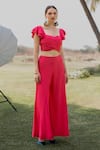 Buy_ZEN'S COUTURE_Pink Textured Crepe Solid Sweetheart Aria Ruched Top With Flared Pant_at_Aza_Fashions