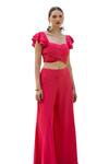 Shop_ZEN'S COUTURE_Pink Textured Crepe Solid Sweetheart Aria Ruched Top With Flared Pant _Online_at_Aza_Fashions