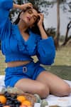 ZEN'S COUTURE_Blue Poplin Solid Stand Collar Stella Crop Top Shorts Set_Online_at_Aza_Fashions