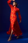 ZEN'S COUTURE_Orange Natural Crepe Print Flaming Bloom High Aaira Bishop Sleeves Maxi Dress _Online_at_Aza_Fashions