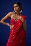 ZEN'S COUTURE_Pink Natural Crepe Print Mosaic Halter Neck Naaz Pre-draped Saree With Blouse_Online_at_Aza_Fashions