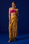 ZEN'S COUTURE_Yellow Natural Crepe Print Blossom Halter Iqra Pre-draped Saree With Blouse _Online_at_Aza_Fashions