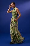 ZEN'S COUTURE_Green Natural Crepe Print Marble Splash Halter Neck Alaaya Jumpsuit _Online_at_Aza_Fashions