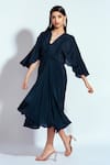 Shop_neetiandmudita_Blue Crepe Rhinestone V Neck Centre Drape Dress_at_Aza_Fashions