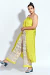 Shop_neetiandmudita_Yellow Tunic Silk Abstract Halter Neck Front Slit With Flare Pant_at_Aza_Fashions