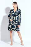 neetiandmudita_Blue Crepe Tetris Notched Lapel Pattern Blazer Dress _Online_at_Aza_Fashions