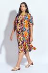 Buy_neetiandmudita_Multi Color Crepe Abstract Ribbed Collar Ruched Front Midi Dress _Online_at_Aza_Fashions