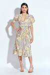 Buy_neetiandmudita_Multi Color Crepe Abstract V Neck Print Drape Dress_at_Aza_Fashions