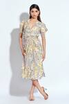 Buy_neetiandmudita_Multi Color Crepe Abstract V Neck Print Drape Dress_Online_at_Aza_Fashions