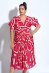 Shop_neetiandmudita_Pink Crepe Tetris V Neck Print Drape Dress _Online_at_Aza_Fashions