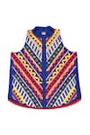 Ka-Sha_Blue Cotton Applique Mandarin Collar Wasabi Geometric Crop Shirt _Online_at_Aza_Fashions