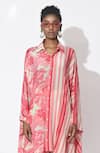 Rishi and Vibhuti_Pink Crepe Printed Floral Collared Lumin Asymmetric Kurta And Pant Co-ord Set _at_Aza_Fashions