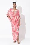 Buy_Rishi and Vibhuti_Pink Crepe Printed Floral V-neck Passion Petal Kaftan Dress _at_Aza_Fashions