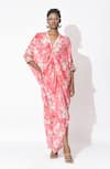 Shop_Rishi and Vibhuti_Pink Crepe Printed Floral V-neck Passion Petal Kaftan Dress _Online_at_Aza_Fashions