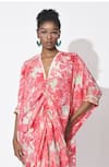 Rishi and Vibhuti_Pink Crepe Printed Floral V-neck Passion Petal Kaftan Dress _at_Aza_Fashions