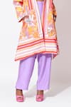 Rishi and Vibhuti_Orange Crepe Printed Floral Notched Whimsy Waltz Embroidered Top Pant Set _at_Aza_Fashions