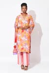 Buy_Rishi and Vibhuti_Orange Crepe Printed Floral And Stripe Carousel Embellished Kurta With Pant _at_Aza_Fashions