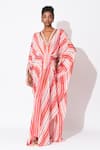 Buy_Rishi and Vibhuti_Multi Color Crepe Printed Stripe V-neck Rio Carnival Embellished Kaftan _at_Aza_Fashions