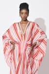 Rishi and Vibhuti_Multi Color Crepe Printed Stripe V-neck Rio Carnival Embellished Kaftan _Online_at_Aza_Fashions